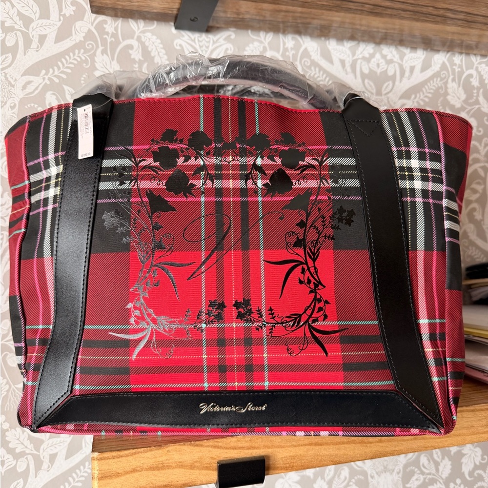 Victoria’s Secret NWT Plaid Red Black Pink Floral Tote Bag $58
